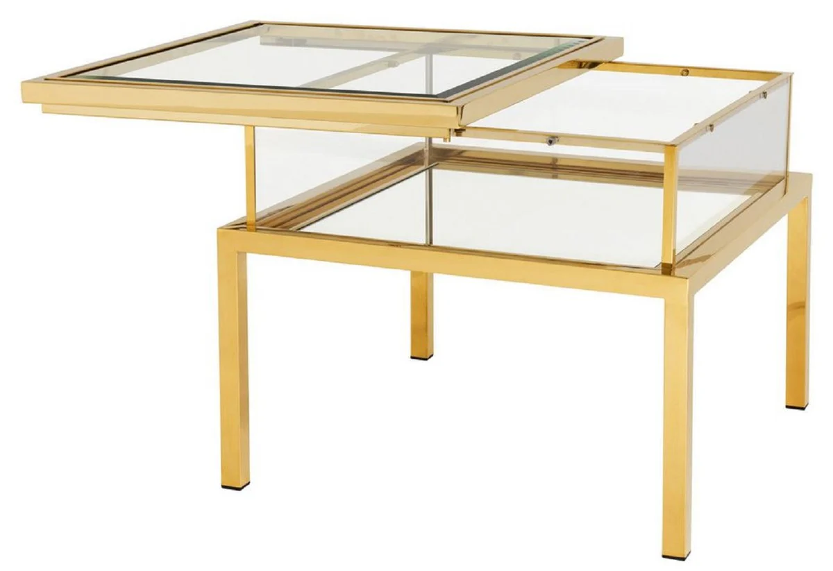 Luxus Beistelltisch Gold 65 x 65 x H. 55,5 cm - Quadratischer Edelstahl Beistelltisch mit Glasplatte - Vitrine