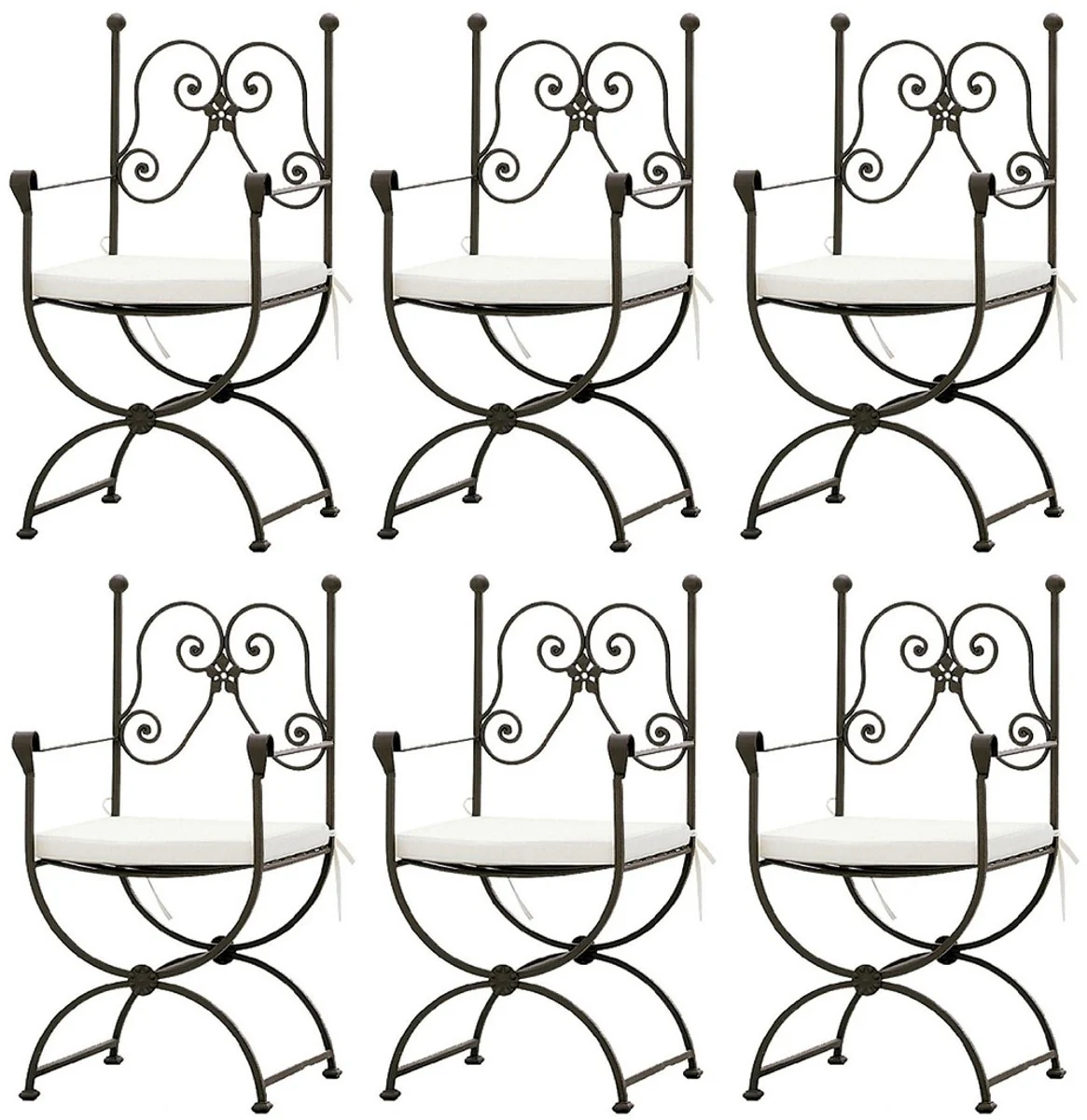 Luxus Jugendstil Gartenstuhl Set mit Armlehnen und Sitzkissen Braun / Weiß 60 x 44 x H. 97 cm - Handgeschmiedete Esszimmer Stühle - Esszimmer Garten Terrassen Möbel