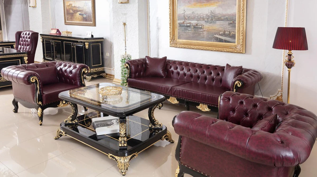Luxus Barock Chesterfield Sofa Bordeauxrot / Schwarz / Gold - Prunkvolles Wohnzimmer Sofa mit edlem Kunstleder - Barock Chesterfield Wohnzimmer Möbel