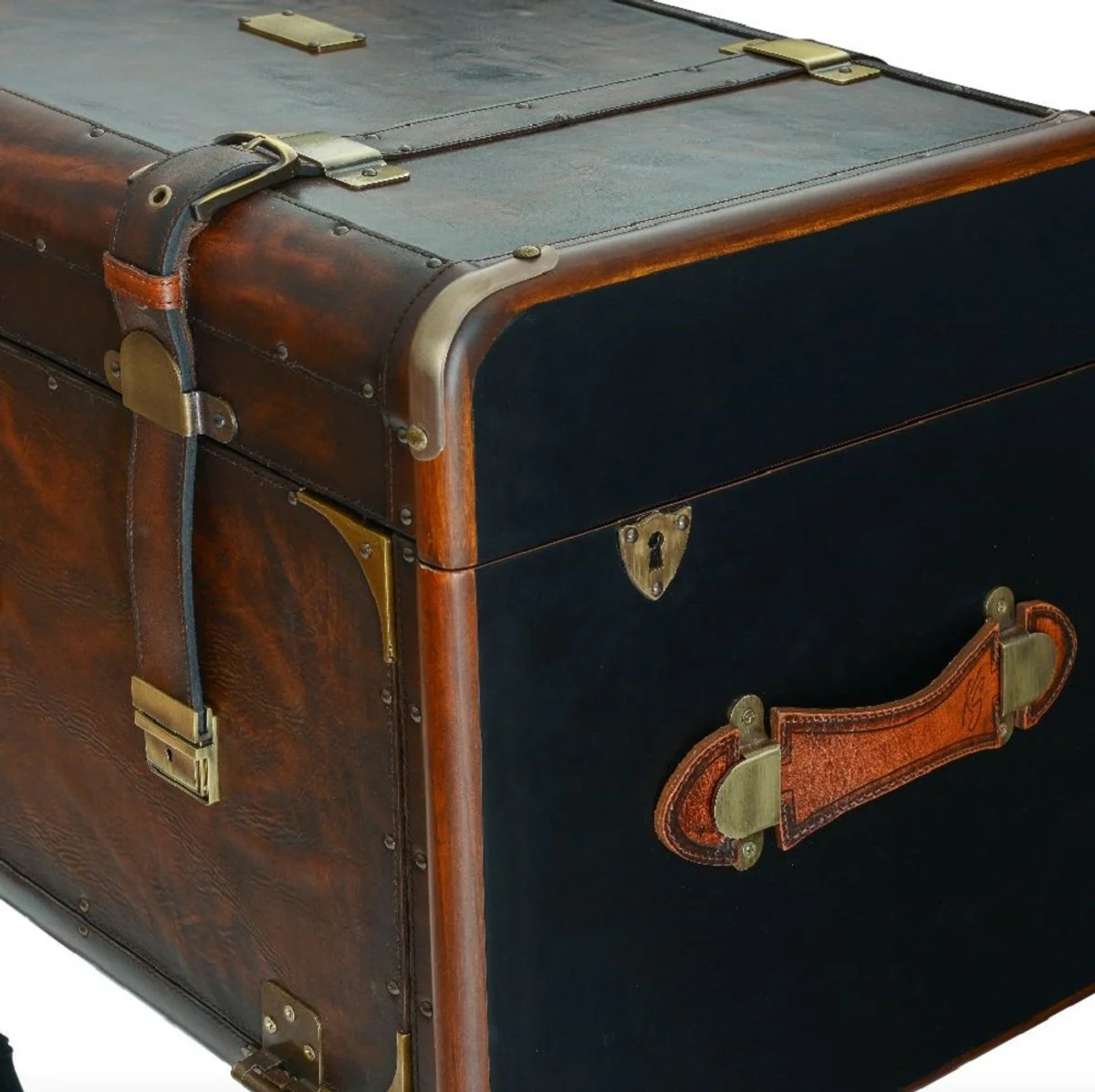 Luxus Leder Minibar in Koffer Optik Dunkelbraun / Schwarz / Messing 45,5 x 45,5 x H. 73 cm - Echtleder Minibar - Bar Möbel - Echtleder Möbel - Luxus Möbel in Koffer Optik