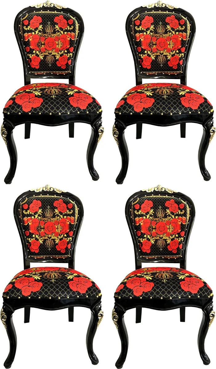 Pompöös by Luxus Barock Esszimmerstühle Roses Schwarz / Rot / Gold - Esszimmer Set - 4 Pompööse Barock Stühle designed by Harald Glööckler