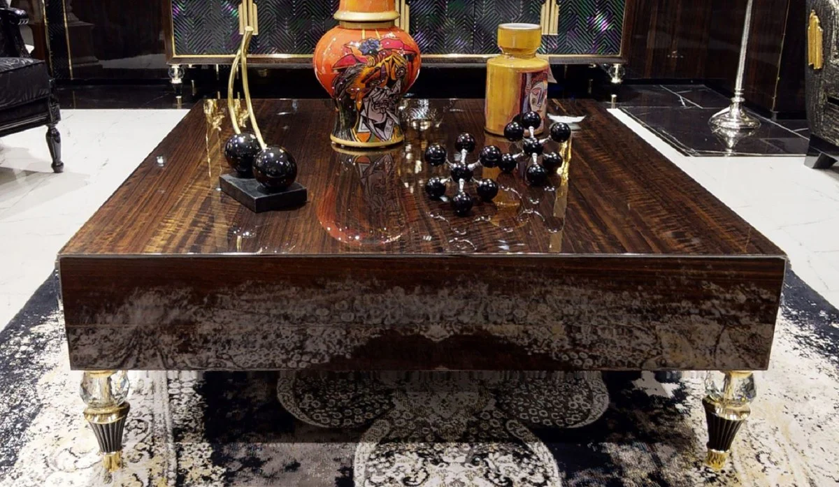 Luxus Couchtisch Dunkelbraun / Schwarz / Gold 110 x 110 x H. 40 cm - Quadratischer Wohnzimmertisch - Wohnzimmer Möbel - Massivholz Möbel - Luxus Möbel - Luxus Einrichtung