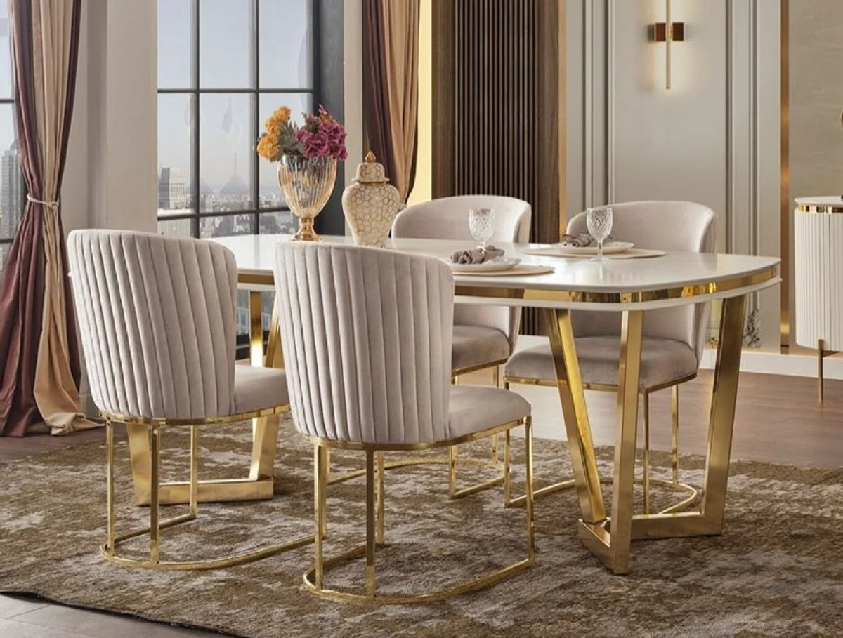 Luxus Esszimmer Set Weiß / Grau / Gold - 1 Esstisch & 4 Esszimmerstühle - Moderne Esszimmer Möbel