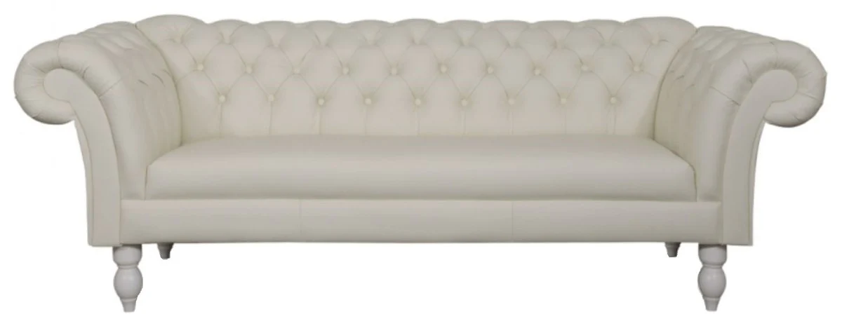 Luxus Echtleder 3er Sofa Weiß 210 x 90 x H. 80 cm - Wohnzimmermöbel im Chesterfield Design