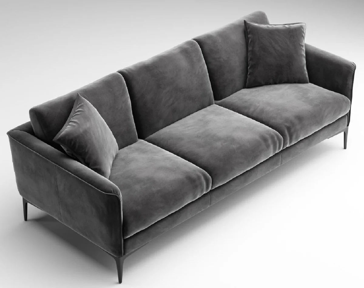 Luxus Sofa Grau / Schwarz 240 x 98 x H. 60 cm - Wohnzimmer Sofa mit edlem Samtstoff - Luxus Wohnzimmer Möbel