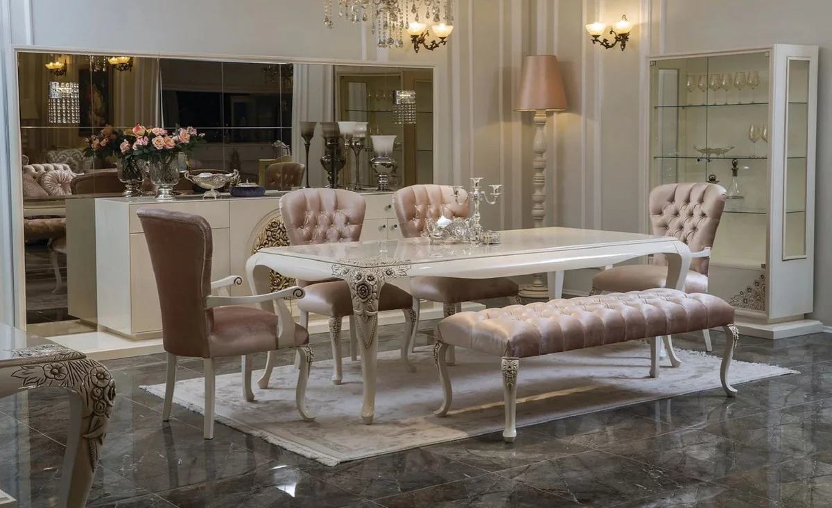 Luxus Barock Esszimmer Set Rosa / Weiß / Beige - 1 Esszimmertisch & 4 Esszimmerstühle & 1 Sitzbank - Barock Esszimmer Möbel