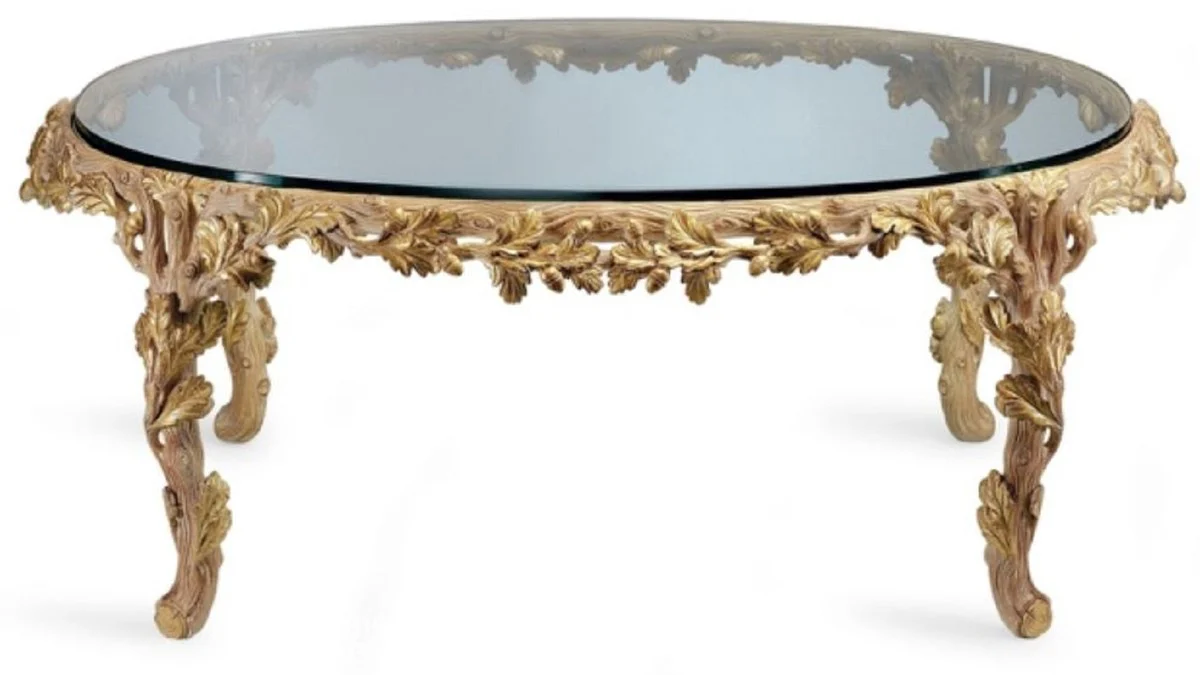 Luxus Barock Couchtisch mit Glasplatte Naturfarben / Braun - Ovaler Wohnzimmertisch im Barockstil - Barock Möbel - Barock Interior - Edel & Prunkvoll - Luxus Qualität - Made in Italy