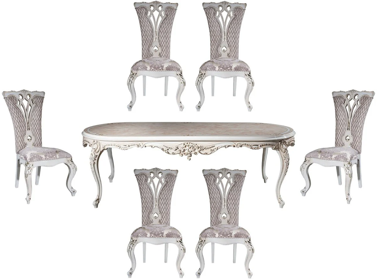 Luxus Barock Esszimmer Set Lila / Beige / Weiß / Gold - 1 Ovaler Esstisch & 6 Esszimmerstühle mit elegantem Muster - Barock Esszimmer Möbel - Edel & Prunkvoll