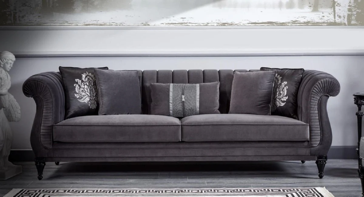 Luxus Barock Sofa Grau / Schwarz - Prunkvolles Wohnzimmer Sofa - Luxus Möbel im Barockstil - Barockstil Wohnzimmer Möbel - Barock Einrichtung - Edel & Prunkvoll