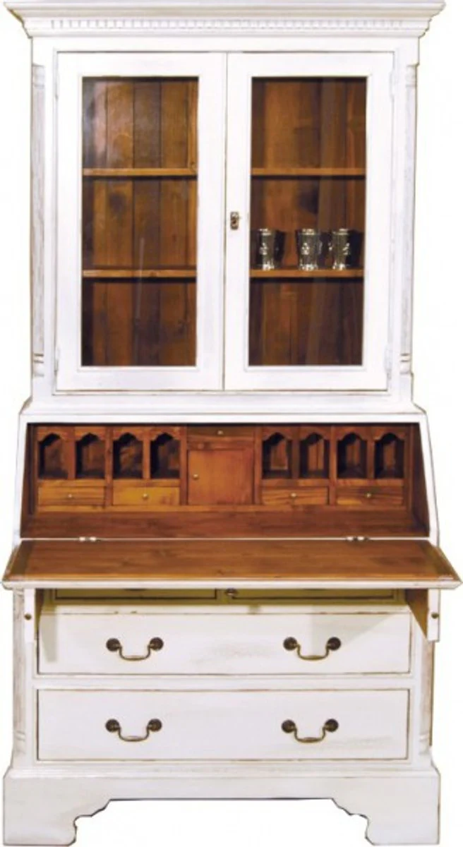 Vintage Sekretär Schrank Antik Stil Weiss / Holzfarben H 210 x B 110 cm - Vitrine Regal Schrank Shabby Chic Hotel Möbel