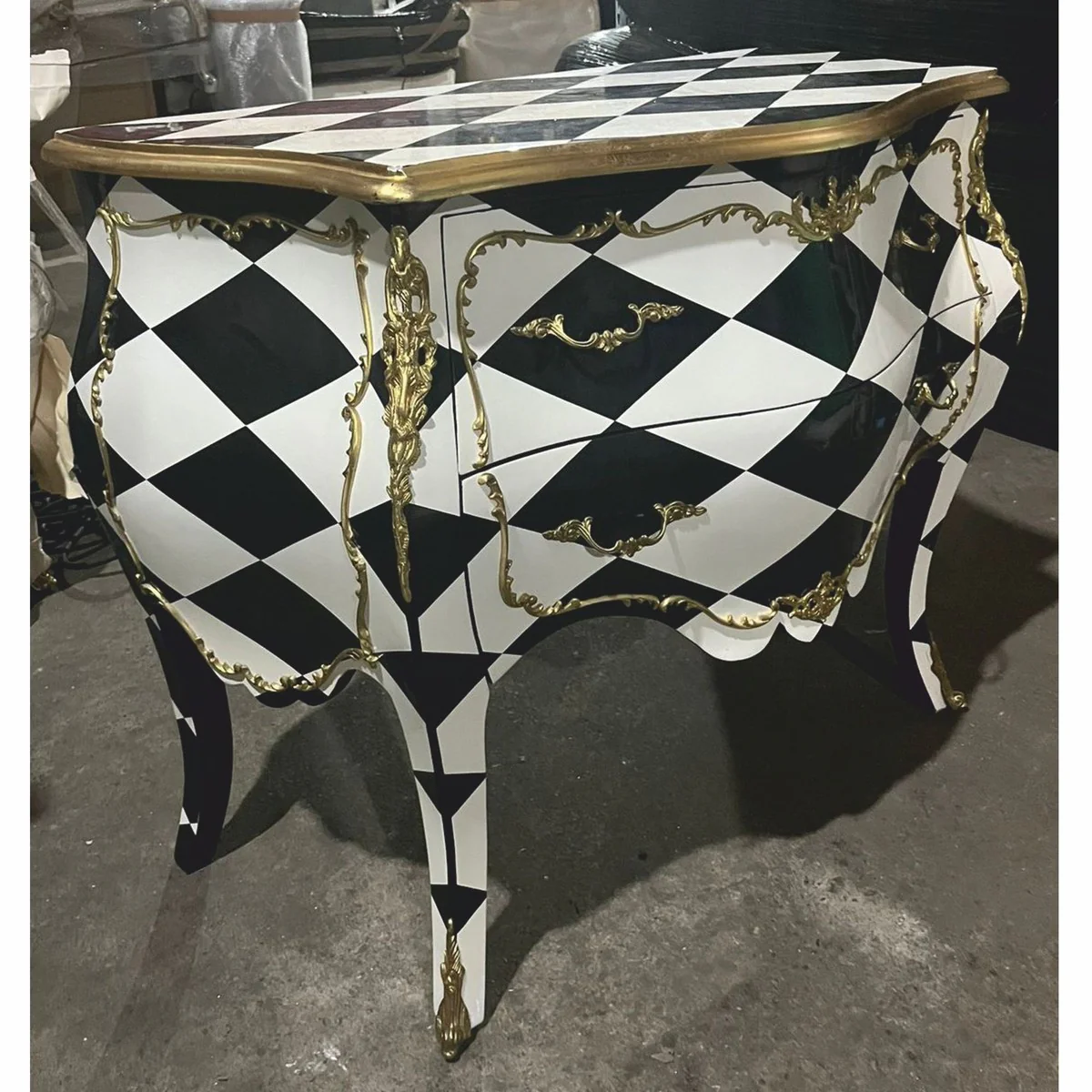 Barock Kommode mit Karo Design und 2 Schubladen Schwarz / Weiß / Gold - Barock Möbel