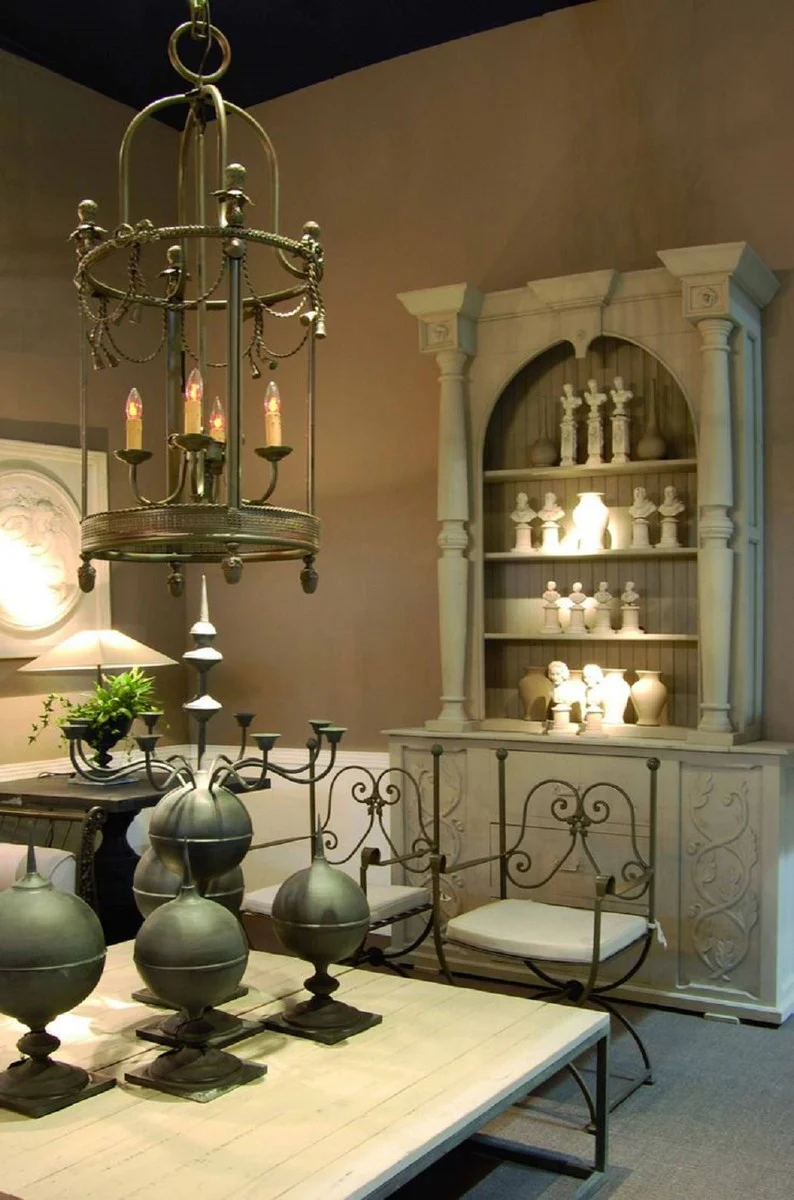 Luxus Jugendstil Gartenstuhl Set mit Armlehnen und Sitzkissen Braun / Weiß 60 x 44 x H. 97 cm - Handgeschmiedete Esszimmer Stühle - Esszimmer Garten Terrassen Möbel