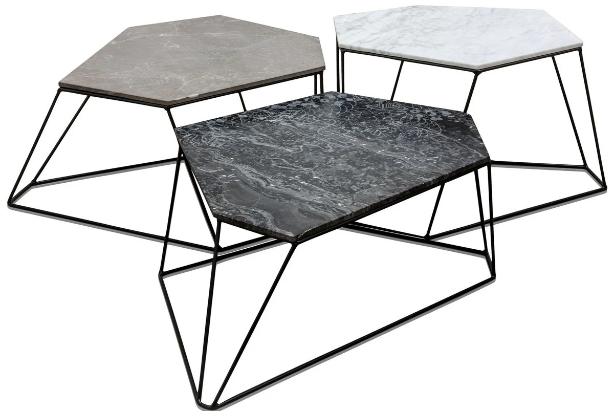 Designer Couchtisch Set Weiß / Grau / Schwarz mit Muster - Luxus Wohnzimmermöbel