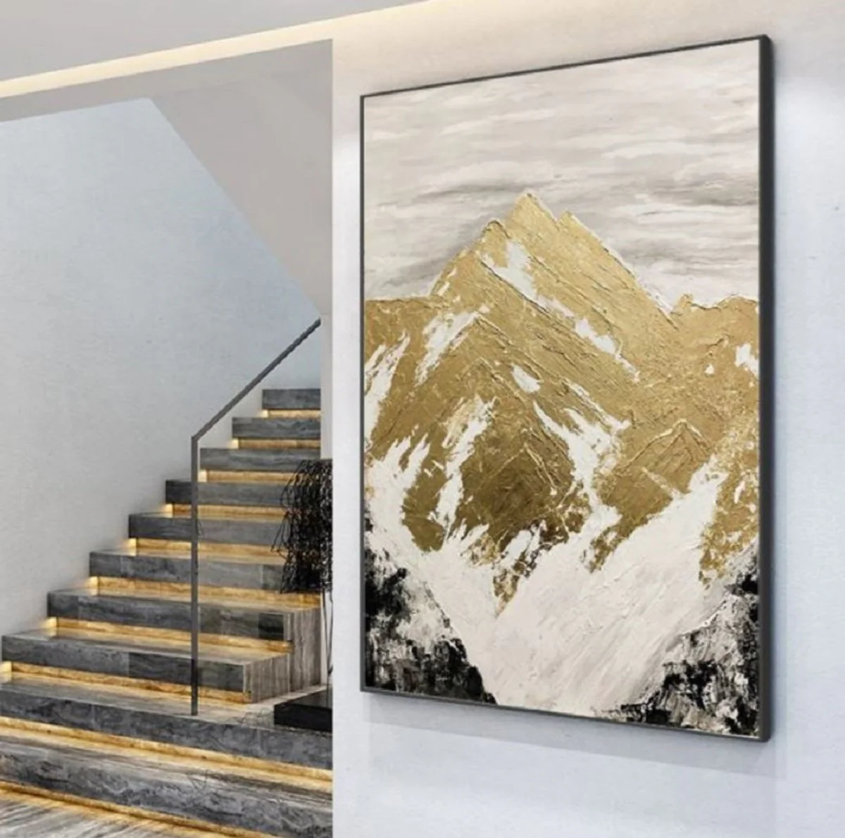 Luxus Designer Ölgemälde Gebirge Gold / Weiß / Grau / Schwarz 120 x H. 170 cm - Handgemaltes Gemälde mit Metallrahmen - Luxus Wand Deko - Designer Wand Deko - Luxus Qualität