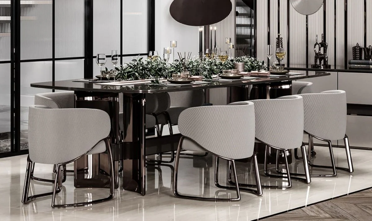 Luxus Esszimmer Set Grau / Bronze - 1 Luxus Esstisch & 8 Luxus Esszimmer Stühle mit Armlehnen - Esszimmer Möbel - Luxus Möbel - Luxus Einrichtung