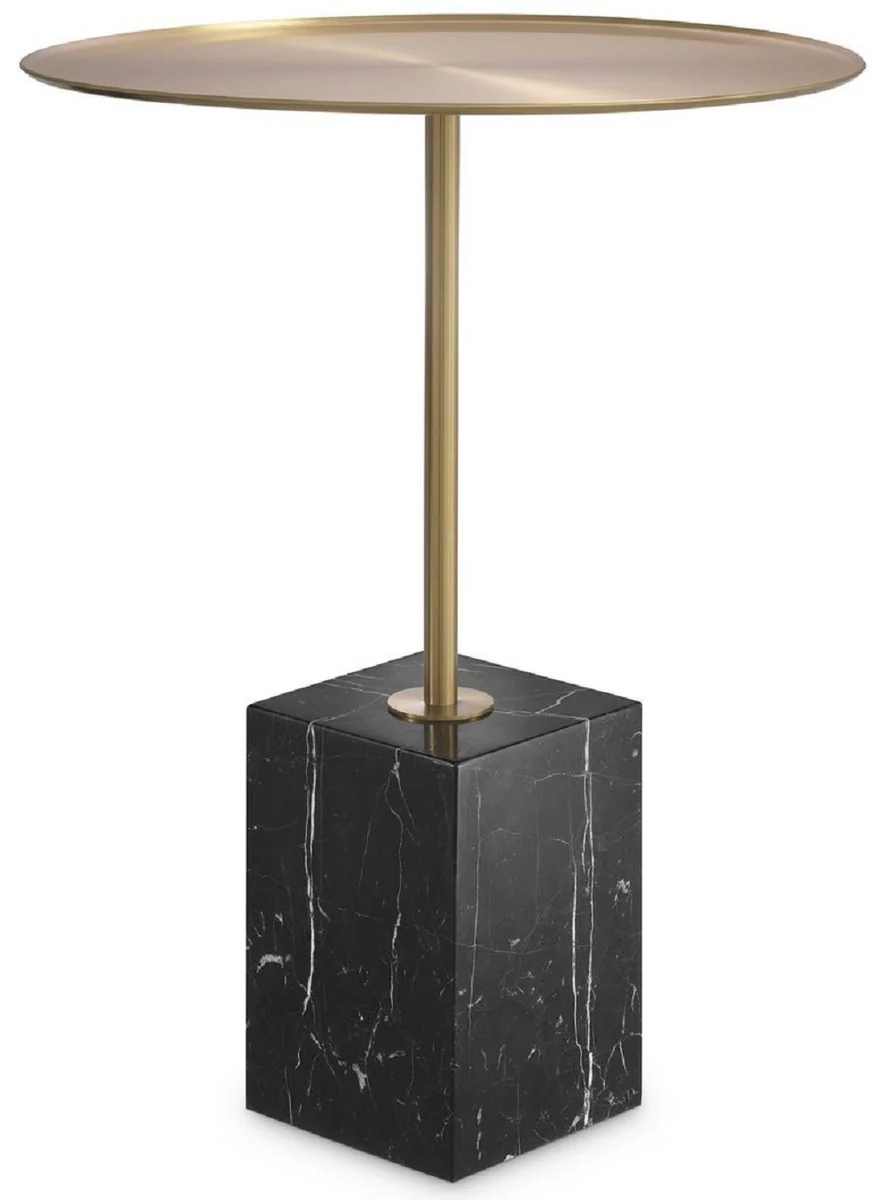 Luxus Beistelltisch Messingfarben / Schwarz-Weiß Ø 45 x H. 62 cm - Runder Edelstahl Tisch mit Marmorsockel - Wohnzimmer Möbel - Hotel Möbel - Luxus Möbel
