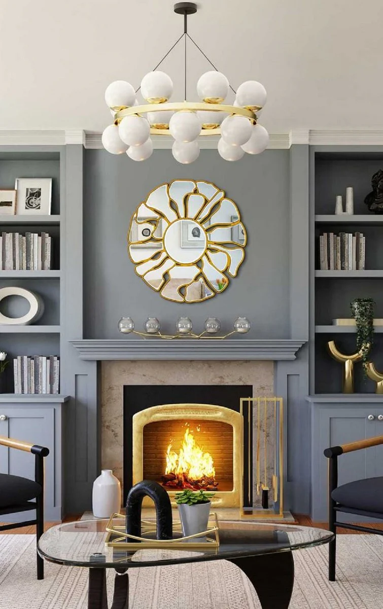 Luxus Spiegel Gold Ø 92 cm - Runder Wohnzimmer Wandspiegel - Garderoben Spiegel - Schlafzimmer Spiegel - Luxus Kollektion