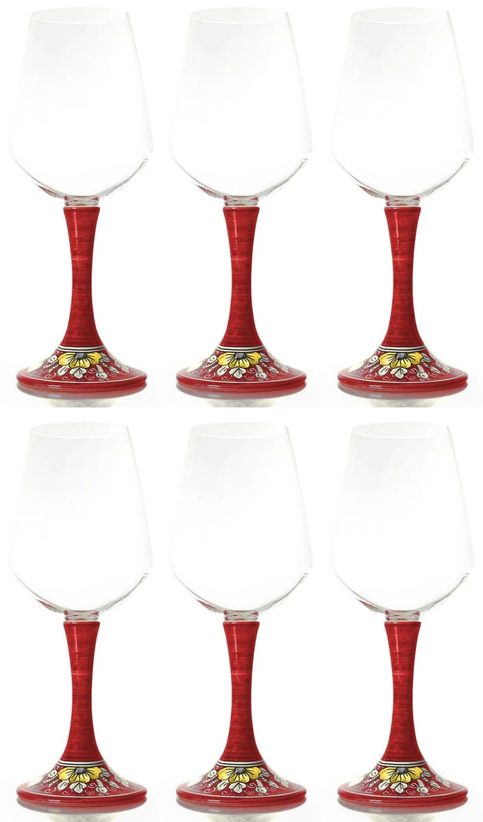 Luxus Weinglas 6er Set Rot / Mehrfarbig H. 23,5 cm - Handgefertigte & handbemalte Weingläser - Hotel & Restaurant Accessoires - Luxus Qualität - Made in Italy