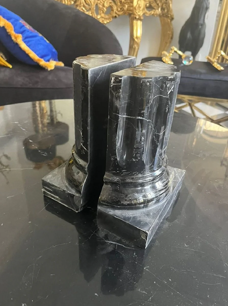 Luxus Marmor Buchstützen Set Barock Säulen Schwarz H. 21 cm