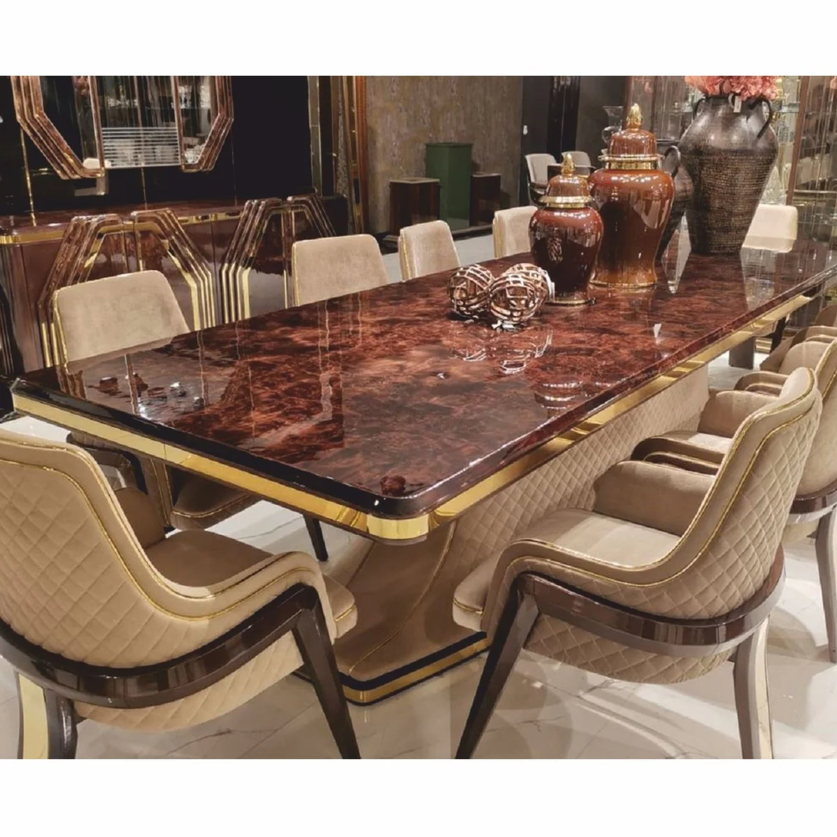 Luxus Art Deco Esszimmer Set - Esstisch & 6 Esszimmer Stühle mit Armlehnen