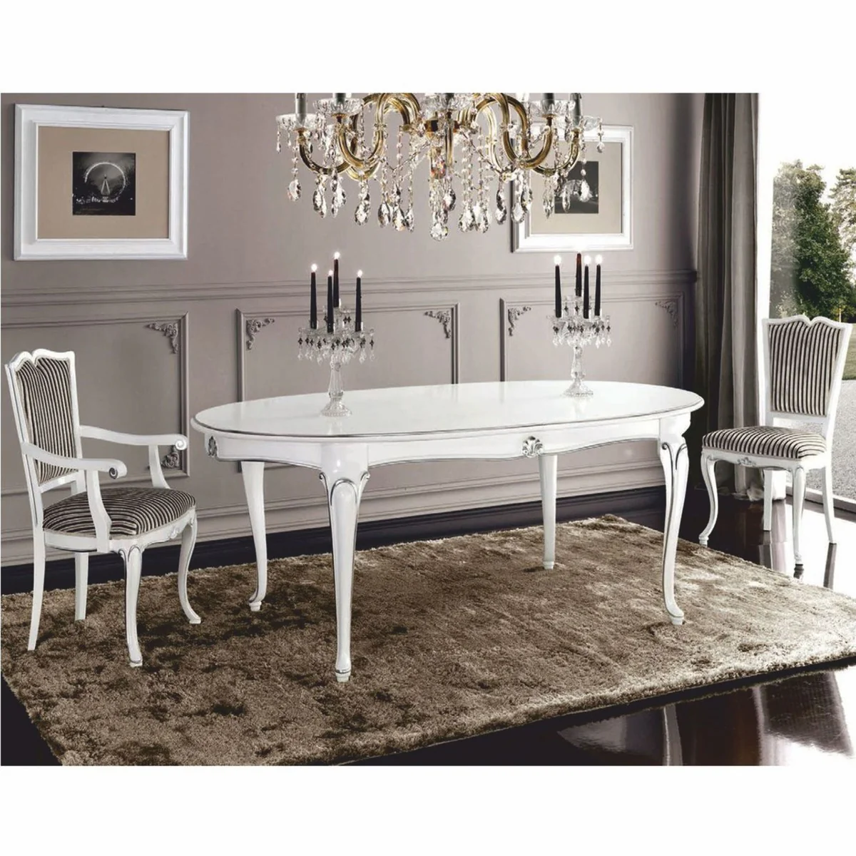 Luxus Barock Esszimmer Set Weiß / Silber - 1 Esstisch & 6 Stühle - Made in Italy