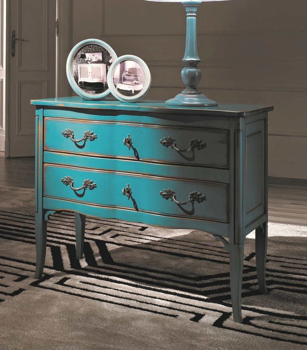 Luxus Barock Kommode Antik Hellblau / Silber - Handgefertigte Massivholz Kommode mit 2 Schubladen - Barockstil Schlafzimmer Möbel - Barock Möbel - Luxus Qualität - Made in Italy