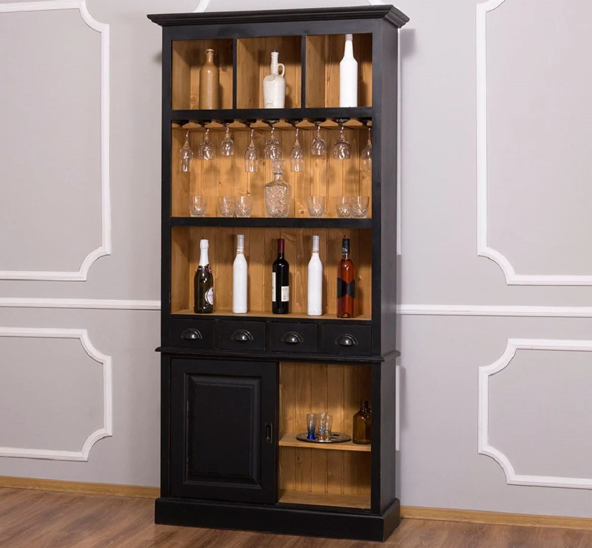 Landhausstil Weinschrank Schwarz / Naturfarben 103 x 36 x H. 210 cm - Barschrank im Landhausstil