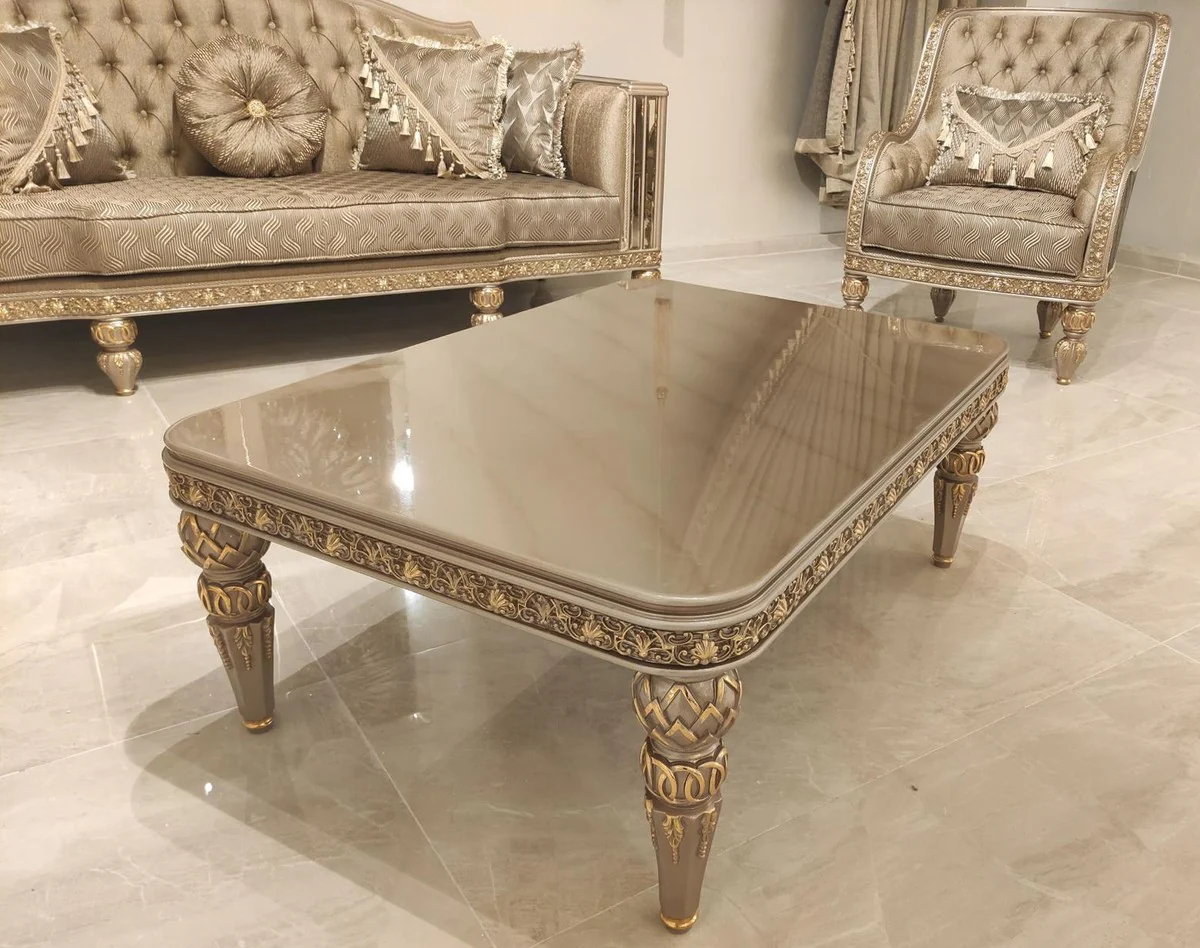 Luxus Barock Couchtisch Gold / Grau / Gold - Prunkvoller Wohnzimmertisch im Barockstil - Barockstil Wohnzimmer Möbel - Barock Einrichtung - Barock Möbel - Luxus Möbel im Barockstil