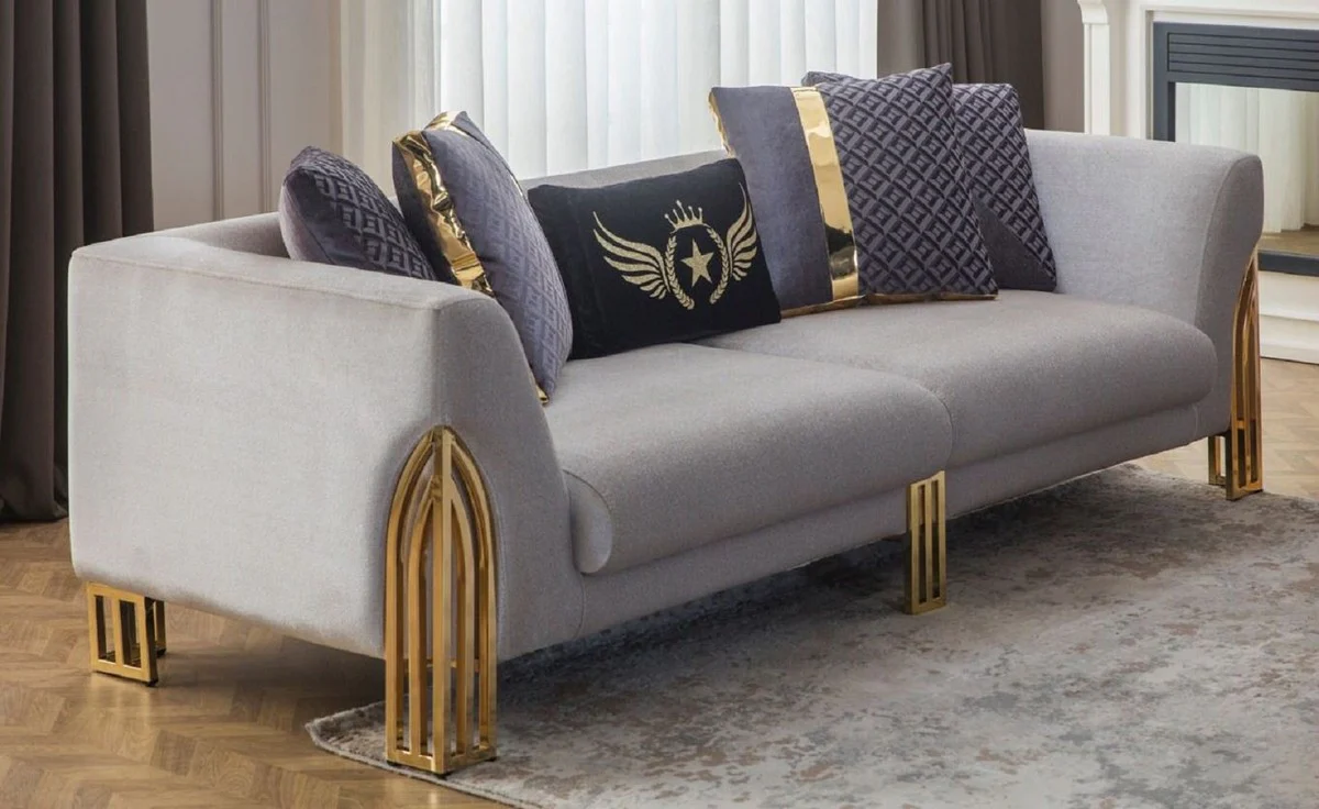 Luxus Sofa Grau / Gold 230 x 90 x H. 77 cm - Wohnzimmer Sofa - Hotel Sofa - Wohnzimmer Möbel - Hotel Möbel - Luxus Möbel - Wohnzimmer Einrichtung - Luxus Einrichtung