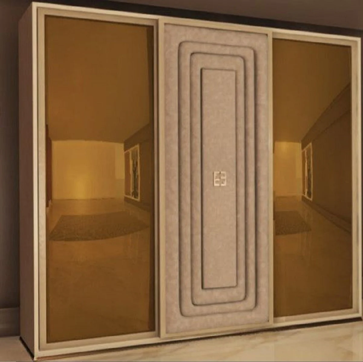 Luxus Schlafzimmerschrank Beige / Taupe / Gold - Massivholz Kleiderschrank mit 3 Schiebetüren - Schlafzimmer Möbel - Hotel Möbel - Luxus Möbel - Luxus Qualität - Made in Italy