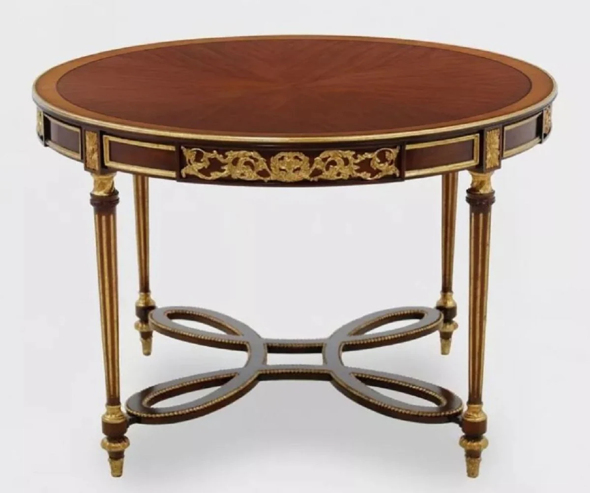 Luxus Barock Esstisch Dunkelbraun / Braun / Antik Gold - Runder Barockstil Massivholz Küchentisch - Luxus Esszimmer Möbel im Barockstil - Barock Esszimmer Möbel