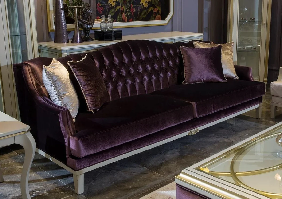 Luxus Barock Wohnzimmer Set Lila / Rosa / Weiß / Gold - 2 Barock Sofas & 2 Barock Sessel & 1 Barock Couchtisch - Wohnzimmer Möbel im Barockstil - Barock Möbel - Barock Einrichtung