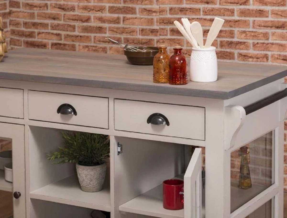 Landhausstil Kücheninsel Grau 135 x 65 x H. 90 cm - Massivholz Küchenschrank - Landhausstil Massivholz Küchen Möbel - Massivholz Esszimmer Möbel im Landhausstil