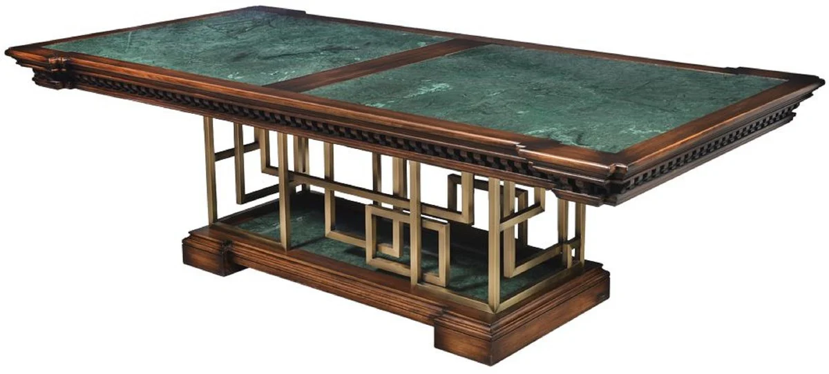Luxus Vintage Stil Esstisch Braun / Grün / Messing 250 x 124 x H. 77,5 cm - Rechteckiger Massivholz Esszimmertisch - Esszimmer Möbel - Vintage Stil Möbel - Luxus Möbel