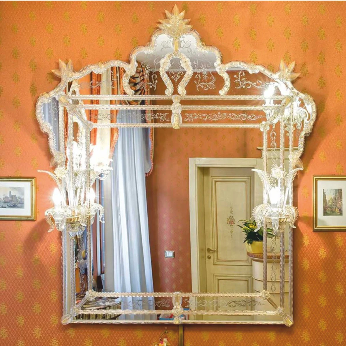 Luxus Barock Spiegel mit 2 Wandleuchten Gelb 150 x H. 160 cm - Made in Italy