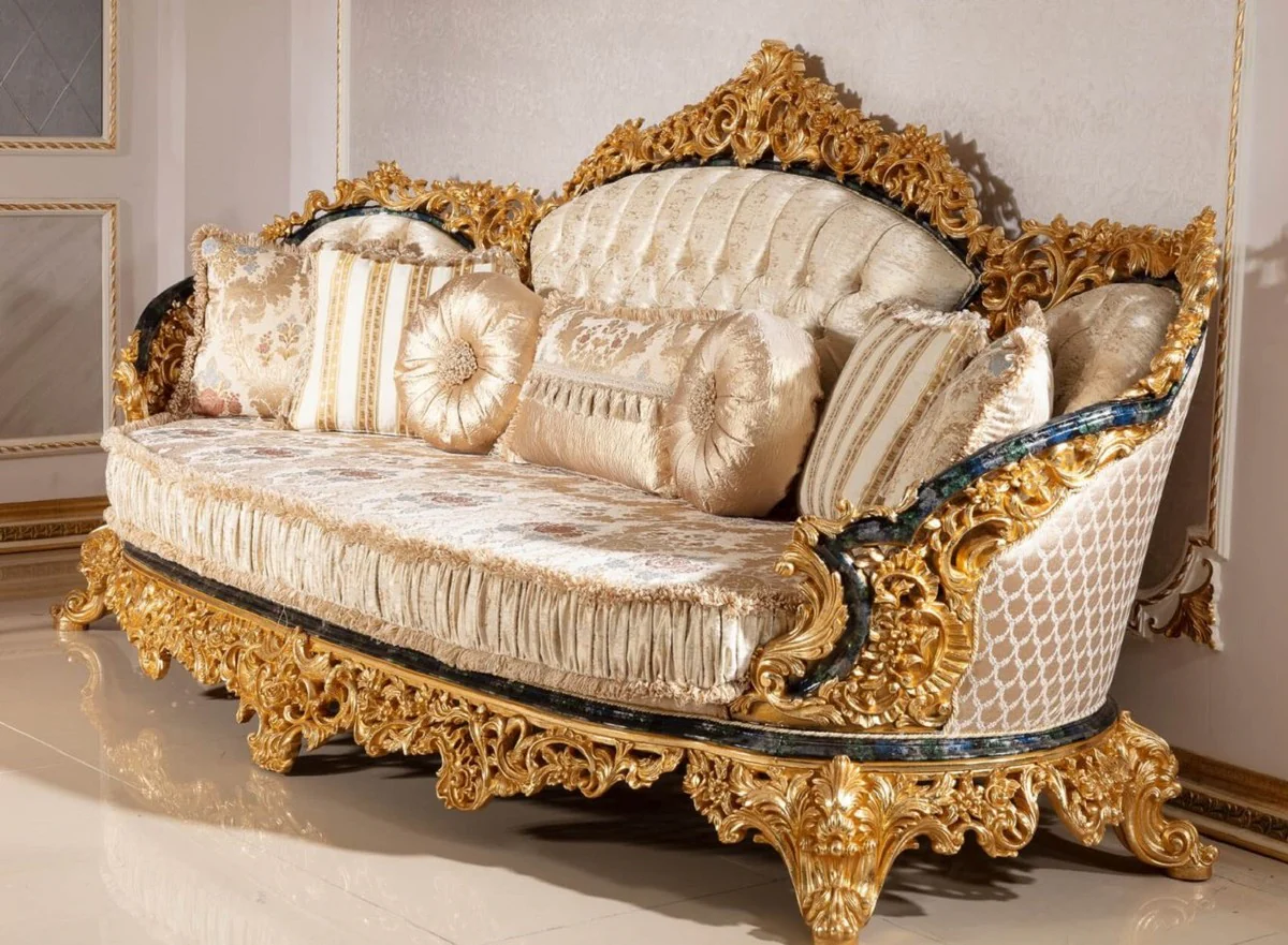 Luxus Barock Sofa Gold / Mehrfarbig / Blau / Gold - Prunkvolles Wohnzimmer Sofa mit elegantem Muster - Barock Wohnzimmer Möbel - Edel & Prunkvoll
