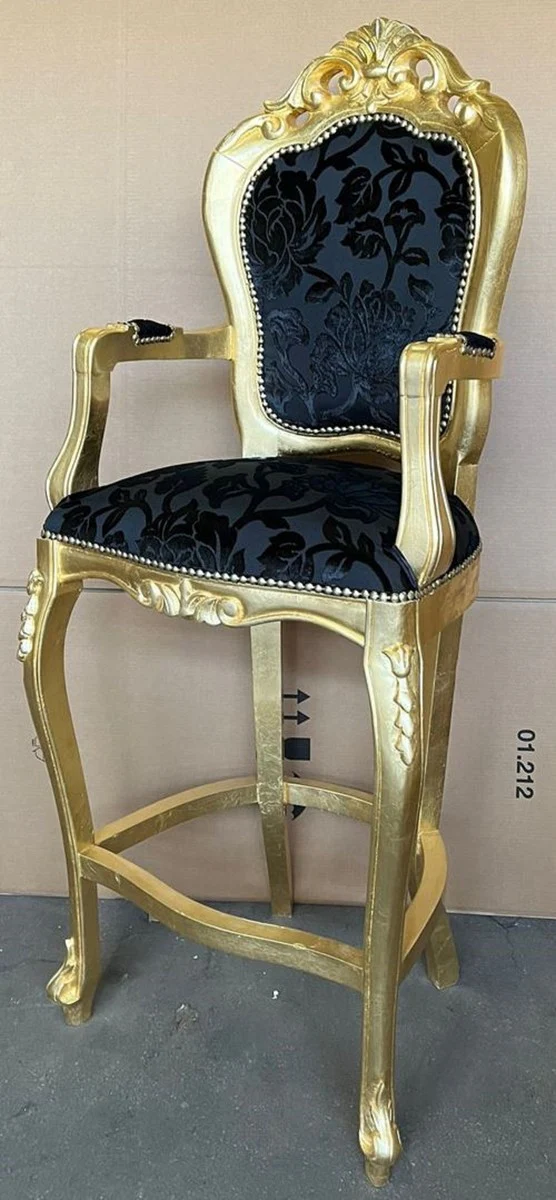 Luxus Barock Barstuhl mit Armlehnen Schwarz Muster / Gold - Barockstil Barhocker - Luxus Bar Möbel im Barockstil - Luxus Qualität - Made in Italy