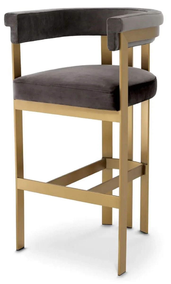 Luxus Samt Barstuhl mit Armlehnen Grau / Messing 56 x 56 x H. 104 cm - Gepolsterter Barhocker - Bar Möbel - Luxus Möbel - Luxus Qualität
