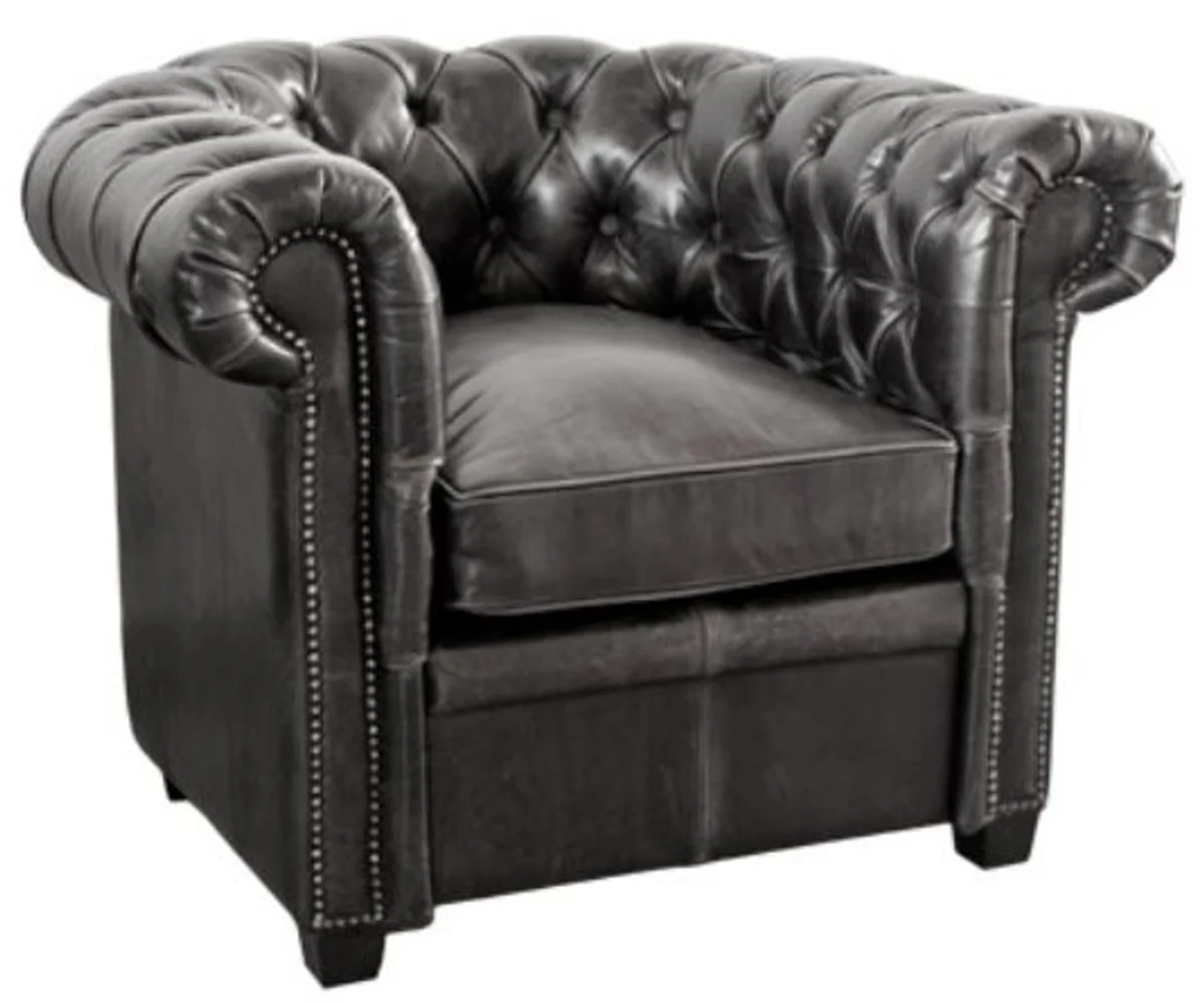 Luxus Echtleder Sessel Vintage Schwarz 95 x 88 x H. 73 cm - Chesterfield Möbel