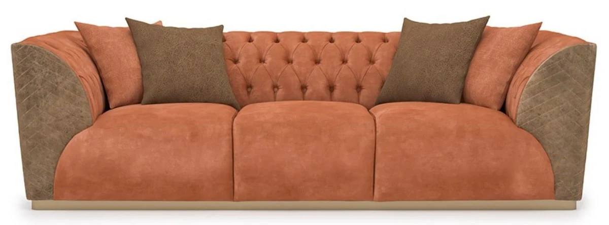 Luxus Chesterfield Sofa Orange / Braun / Messing 250 x 98 x H. 73 cm - Wohnzimmer Sofa - Hotel Sofa - Wohnzimmer Möbel - Chesterfield Möbel - Luxus Möbel - Luxus Einrichtung
