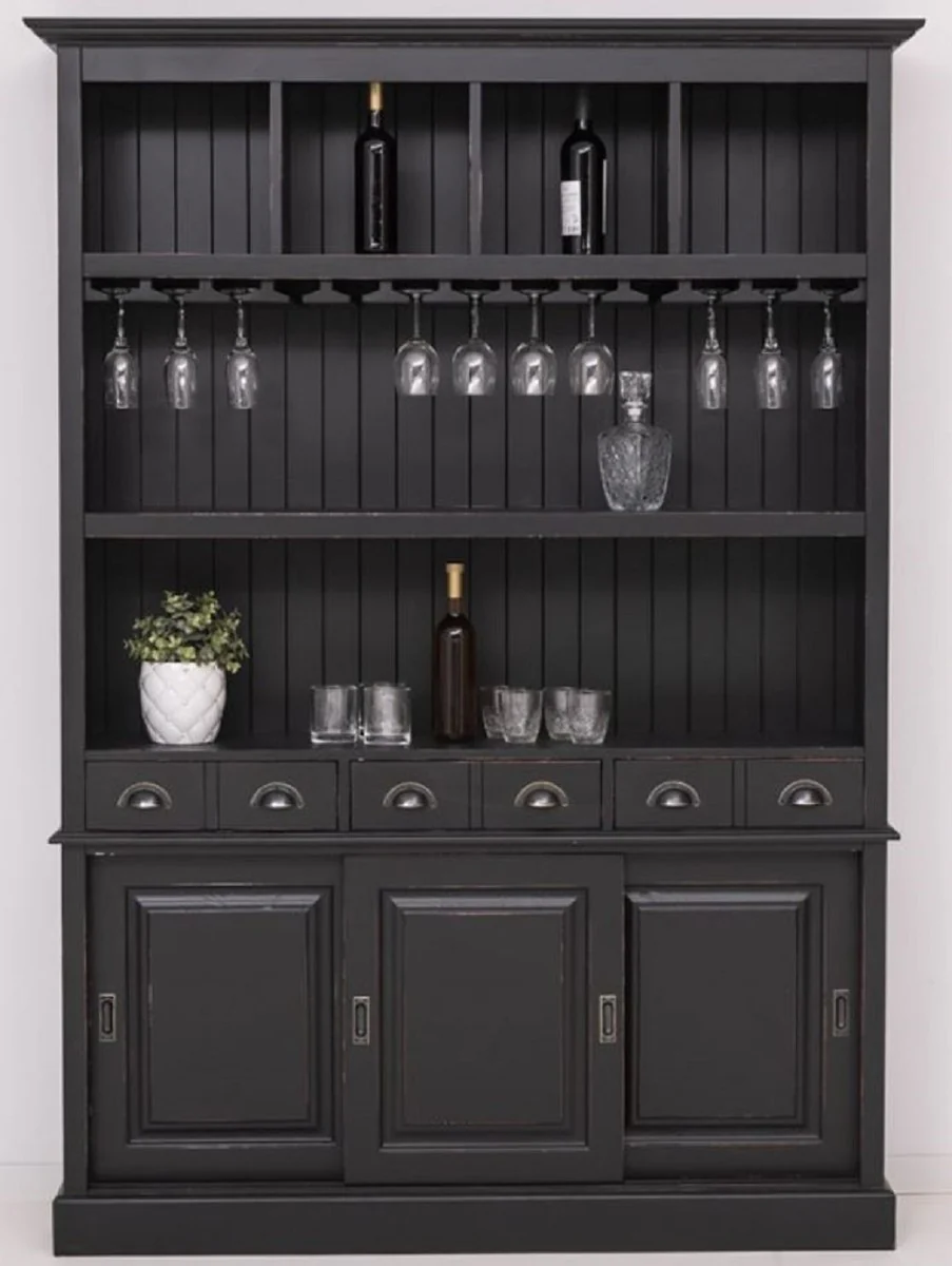 Landhausstil Massivholz Barschrank Antik Schwarz 151 x 36 x H. 210 cm - Massivholz Weinschrank im Landhausstil - Massivholz Bar Möbel - Landhausstil Bar Möbel