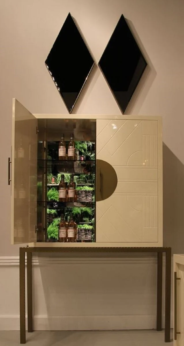 Designer Barschrank Creme / Messing 120 x 40 x H. 190 cm - Edler Weinschrank mit hochwertigen Keramikfliesen - Bar Möbel - Hotel Möbel - Luxus Qualität