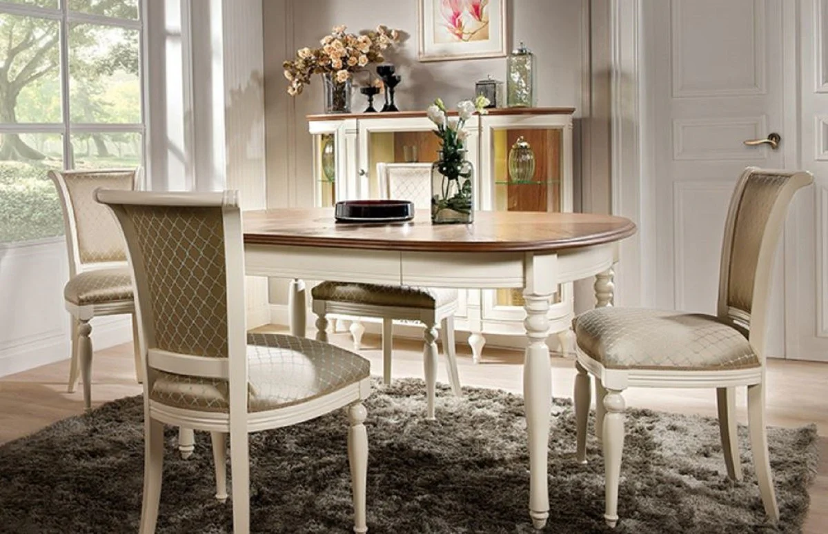 Luxus Jugendstil Esstisch Braun / Cremefarben 90-290 x 113 x H. 77,5 cm - Ausziehbarer Massivholz Esszimmertisch - Barock & Jugendstil Esszimmer Möbel