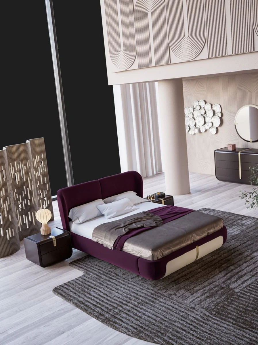 Luxus Doppelbett Lila / Creme / Beige 207 x 225 x H. 110 cm - Massivholz Bett - Schlafzimmer Möbel - Hotel Möbel - Luxus Möbel - Luxus Einrichtung