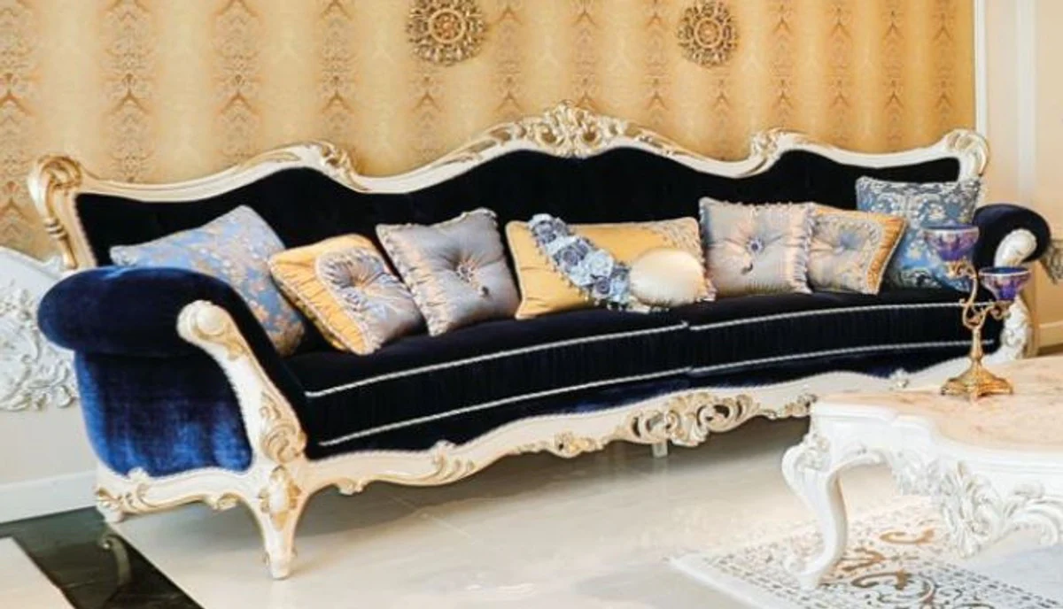 Luxus Barock Wohnzimmer Sofa Dunkelblau / Weiß / Gold 300 x 98 x H. 120 cm - Prunkvolles Sofa im Barockstil - Edle Barock Wohnzimmer Möbel