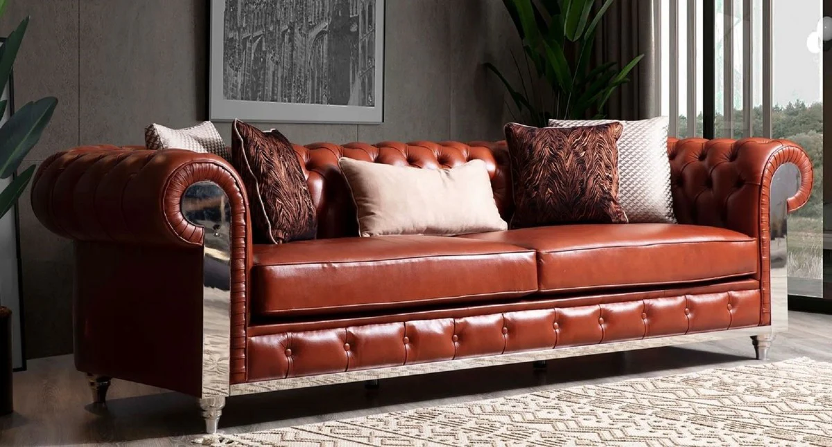 Luxus Chesterfield Kunstleder Sofa Braun / Silber 270 x 100 x H. 70 cm - Wohnzimmer Sofa - Wohnzimmer Möbel - Chesterfield Möbel - Luxus Möbel - Luxus Einrichtung