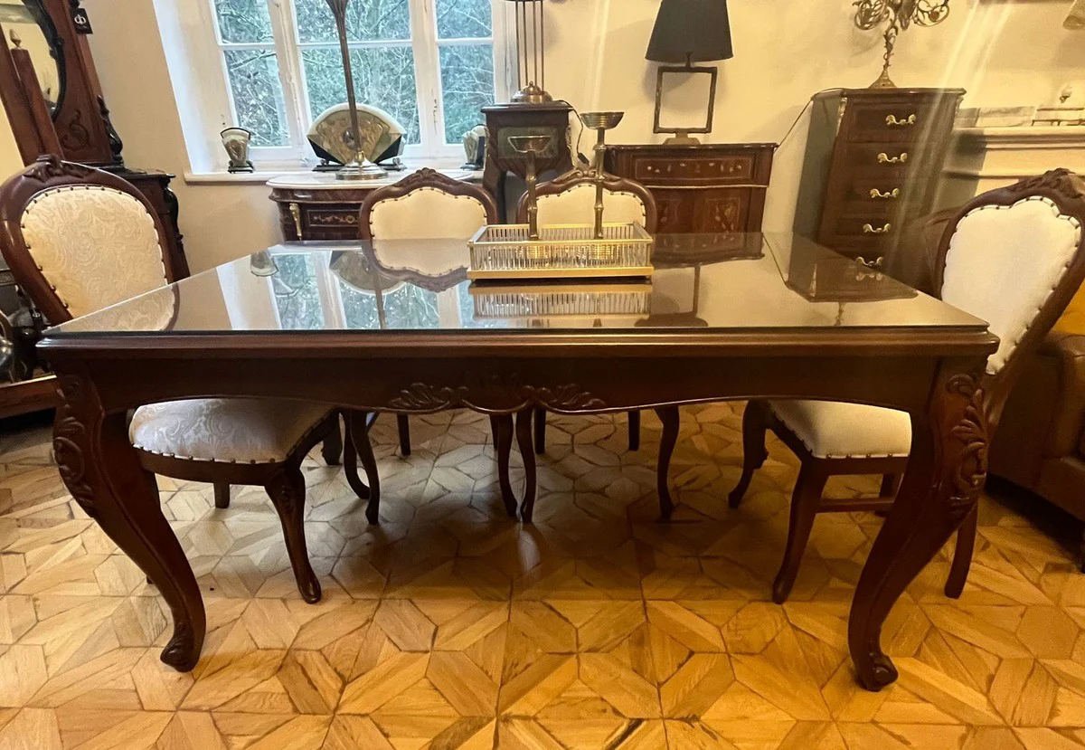 Luxus Barock Esstisch mit Glasplatte Dunkelbraun - Handgefertigter Massivholz Esszimmertisch - Luxus Esszimmer Möbel im Barockstil - Barock Möbel - Barock Einrichtung