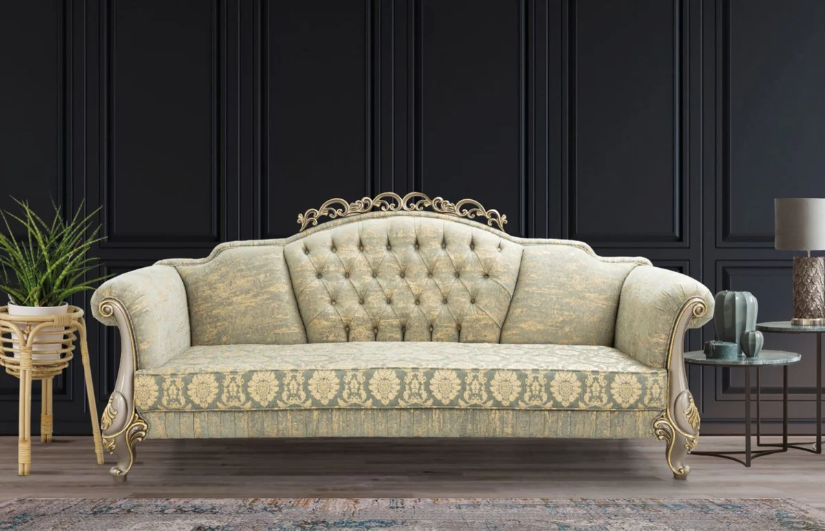 Luxus Barock Sofa Grün / Gold / Grau / Gold 225 x 90 x H. 110 cm - Prunkvolles Barockstil Wohnzimmer Sofa mit elegantem Muster - Barock Möbel
