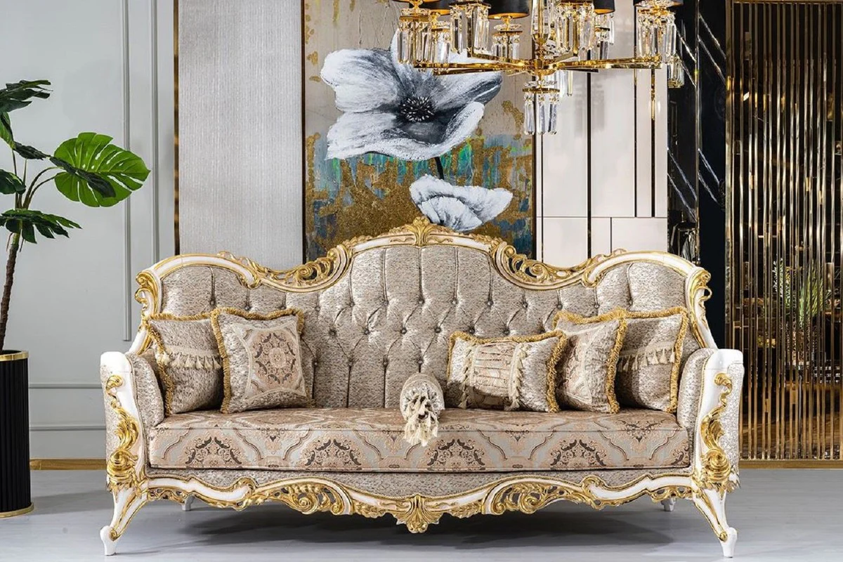 Luxus Barock Wohnzimmer Set Silber / Beige / Schwarz / Weiß / Gold - 2 Barock Sofas & 2 Barock Sessel & 1 Barock Couchtisch - Luxus Wohnzimmer Möbel im Barockstil - Barock Möbel