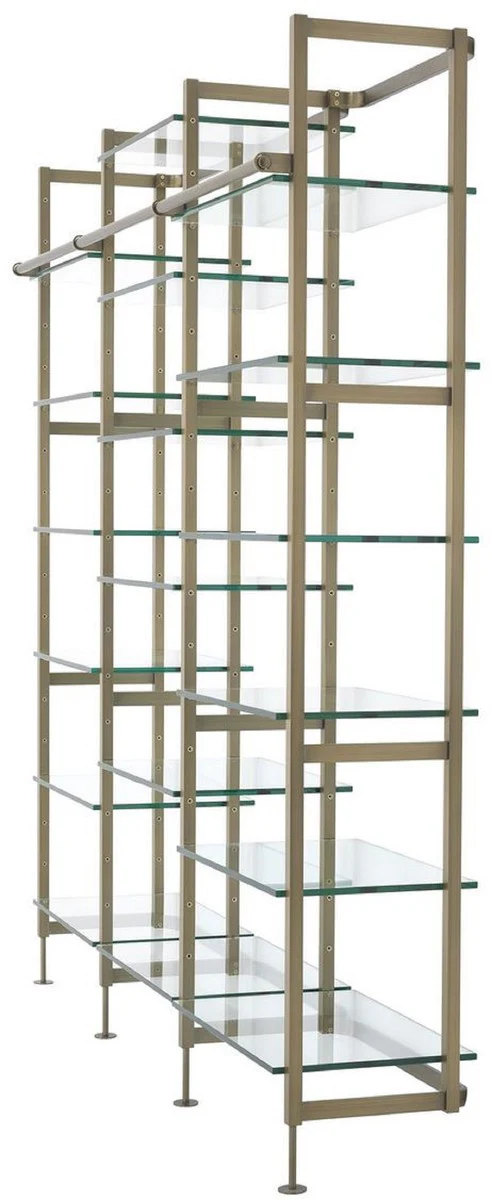 Luxus Regalschrank Messingfarben 222,5 x 51 x H. 238 cm - Edelstahl Schrankwand mit 18 verstellbaren Glasregalen - Wohnzimmerschrank - Büroschrank - Luxus Möbel